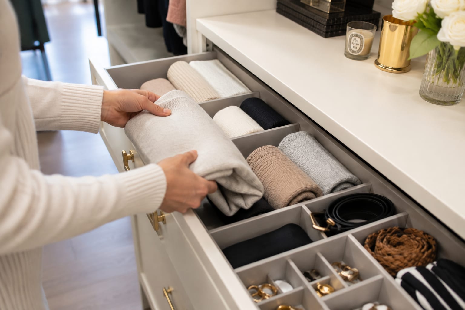Organized drawer with folded clothes and dividers