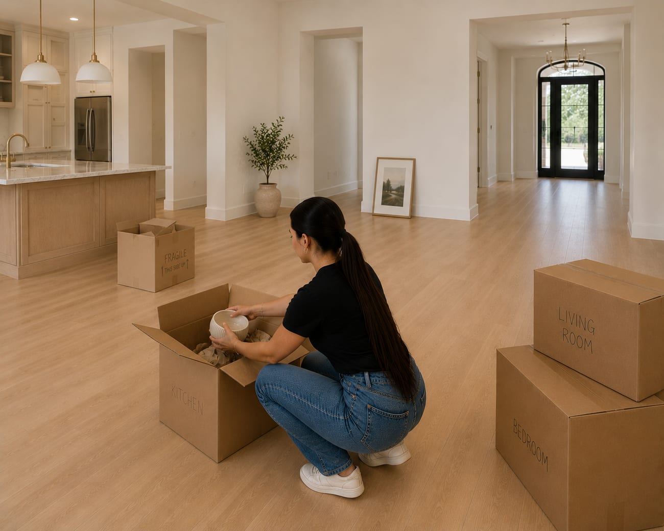 Person carefully packing a labeled moving box in a bright room