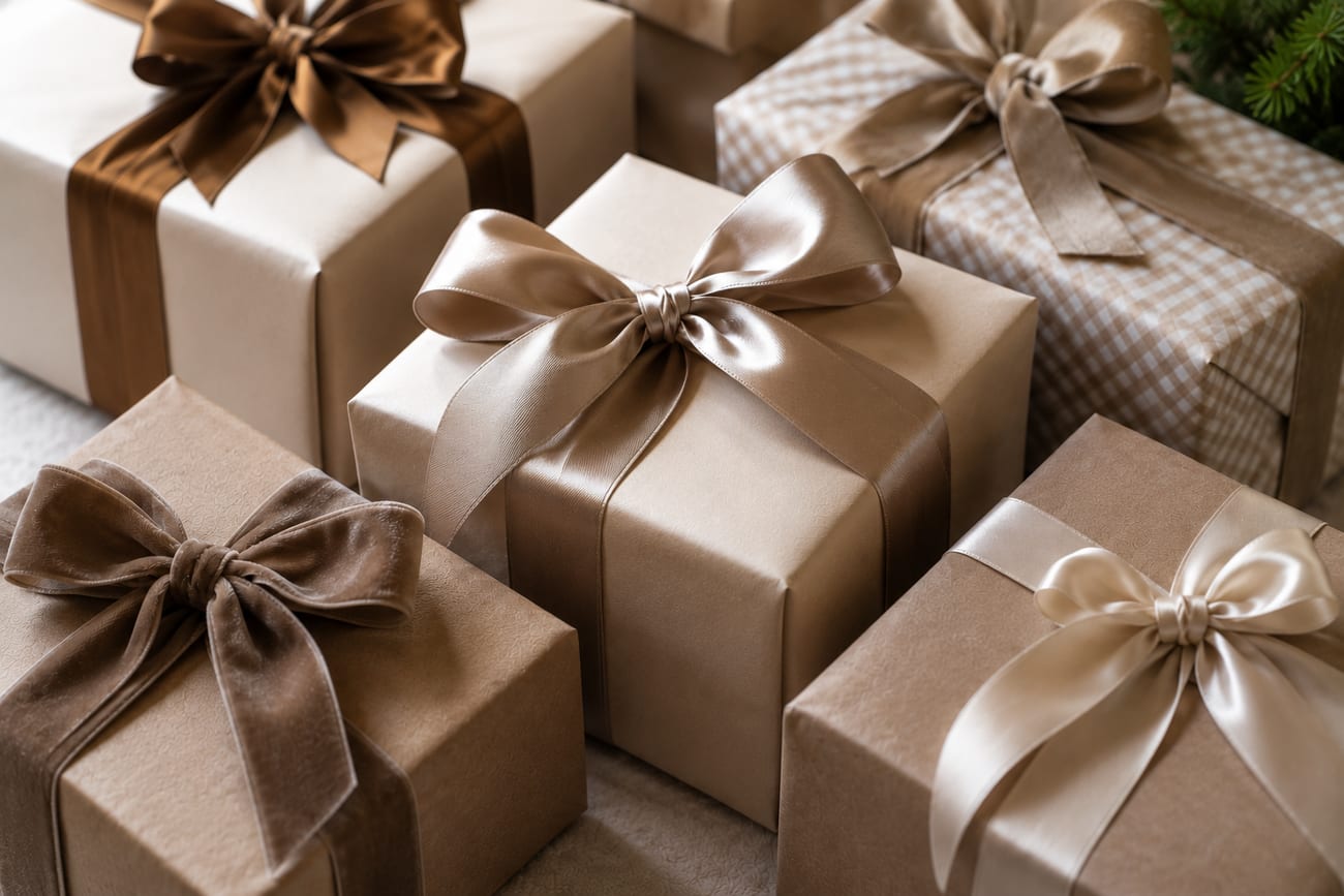 Elegantly wrapped gifts with satin and velvet bows in neutral tones
